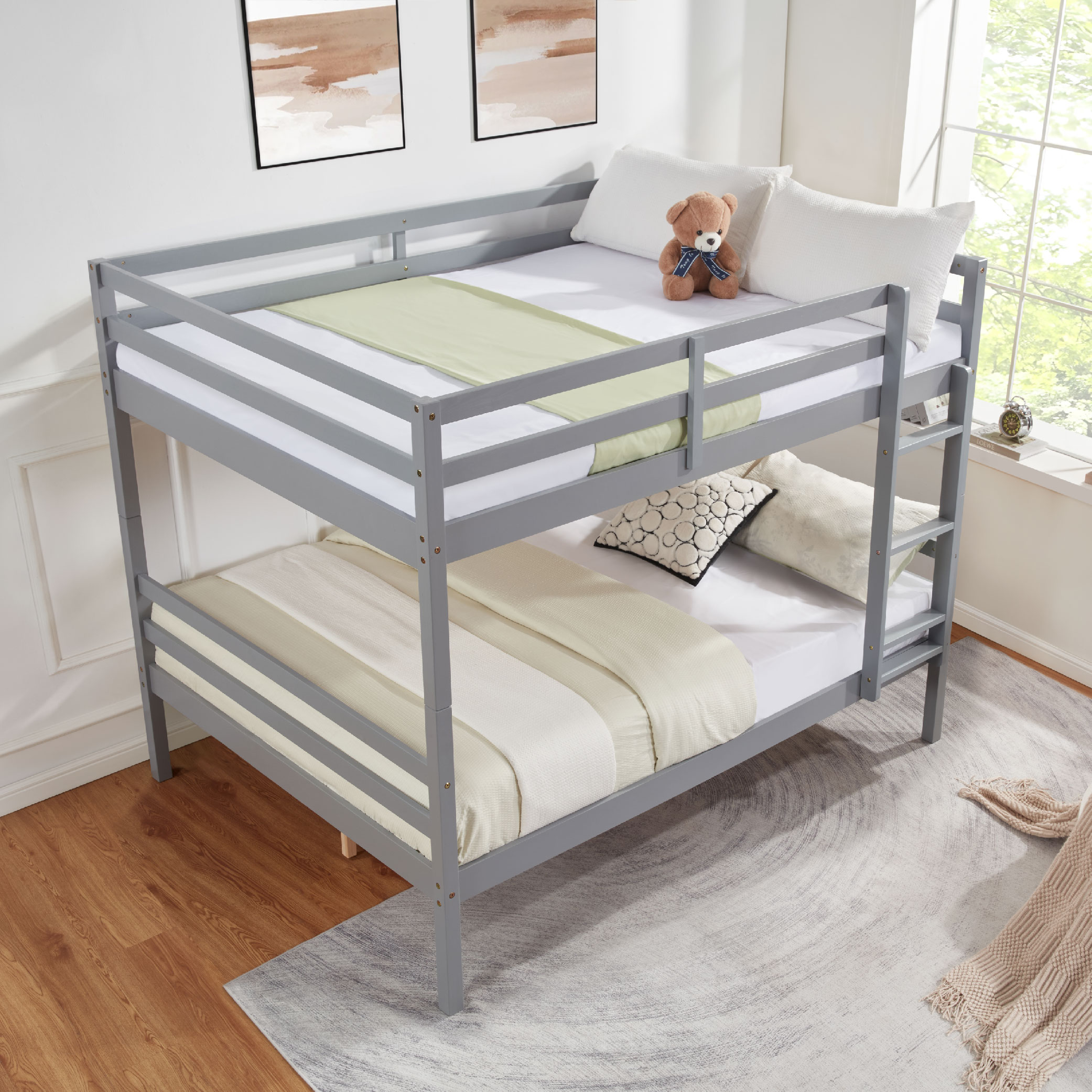 Full over Full Bunk Bed with Ladder,Wooden Bunk Bed with High Guardrail and Ladder for Kids, Teens, Dorm Rooms, and Guest Rooms,No Box Spring Needed,Grey Full over Full Bunk Bed with Ladder,Wooden Bunk Bed with High Guardrail and Ladder for Kids, Teens, Dorm Rooms, and Guest Rooms,No Box Spring Needed,Grey